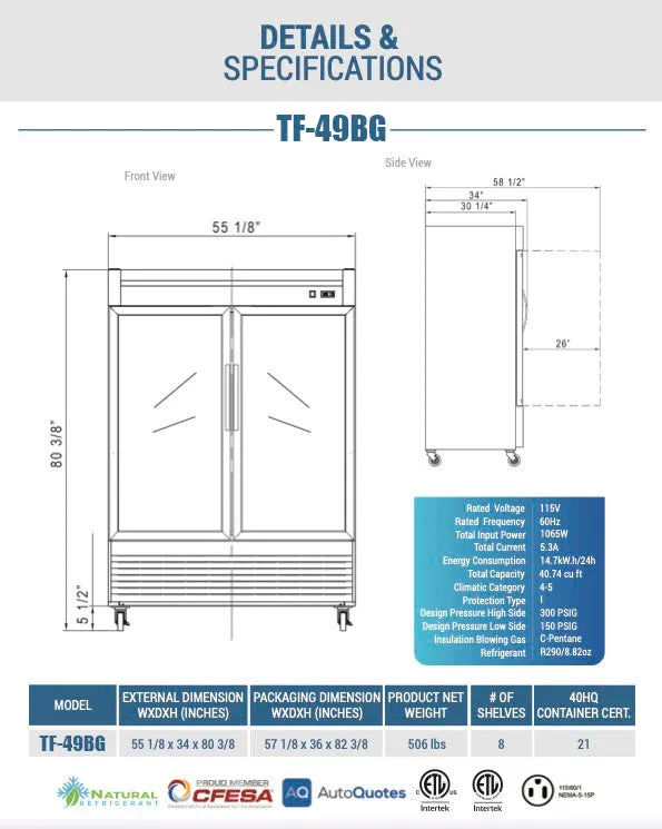 Chef AAA - TF-49BG 55 2 Glass Door Reach-in Freezer 40.7 cu. ft.
