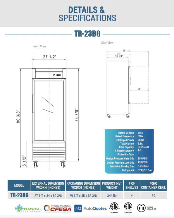 Chef AAA - TR-23BG 27 1 Glass Door Reach-in Refrigerator 17.7 cu. ft.