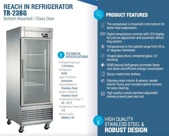 Chef AAA - TR-23BG 27 1 Glass Door Reach-in Refrigerator 17.7 cu. ft.