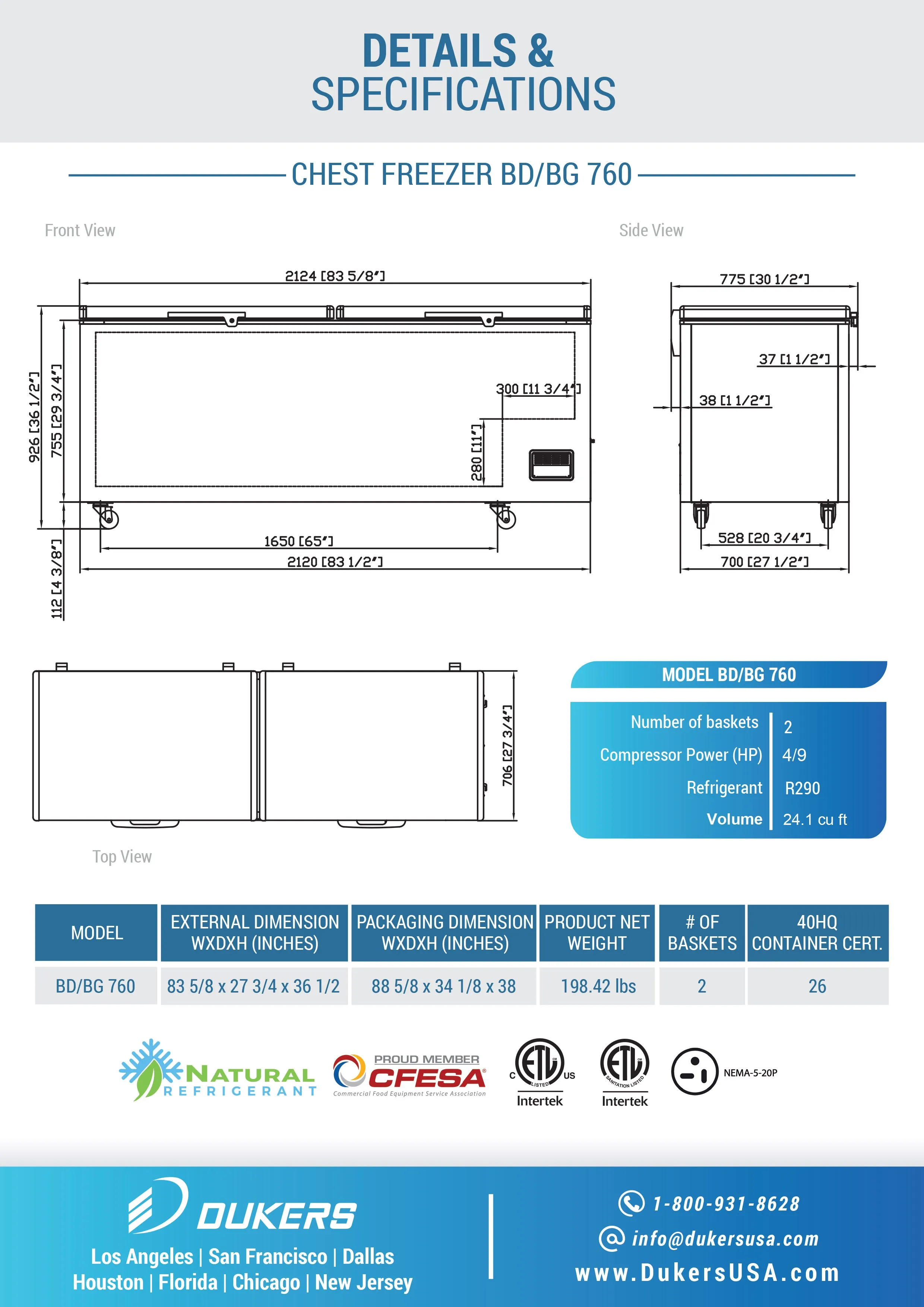 Dukers - BD/BG-760. 85 Chest Freezer With Solid Door