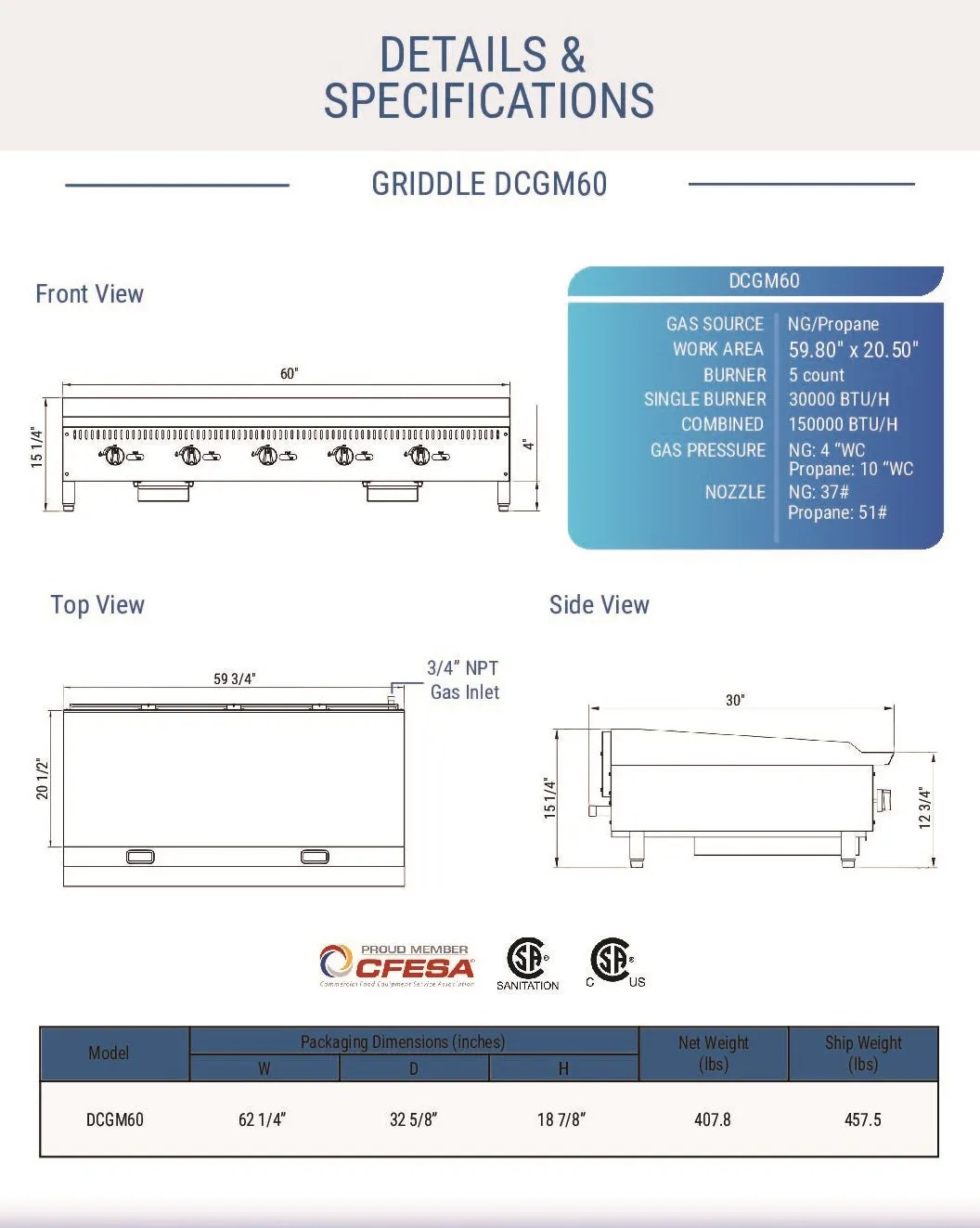 Dukers - DCGM60 60 NG/LP Gas Manual Countertop Griddle