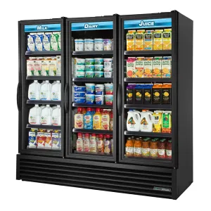 True FLM-81~TSL01 81 Three Section Glass Door Merchandiser w/ Swinging Doors. Black. 115v