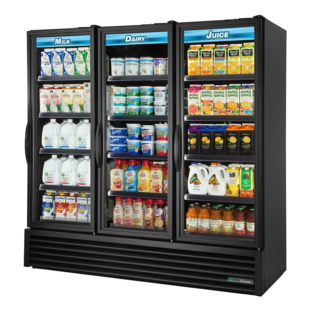 True FLM-81~TSL01 81 Three Section Glass Door Merchandiser w/ Swinging Doors. Black. 115v
