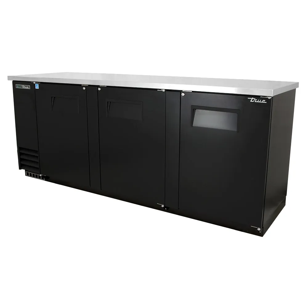 True TBB-4-HC 90 3/8 Bar Refrigerator - 3 Swinging Solid Doors. Black. 115v