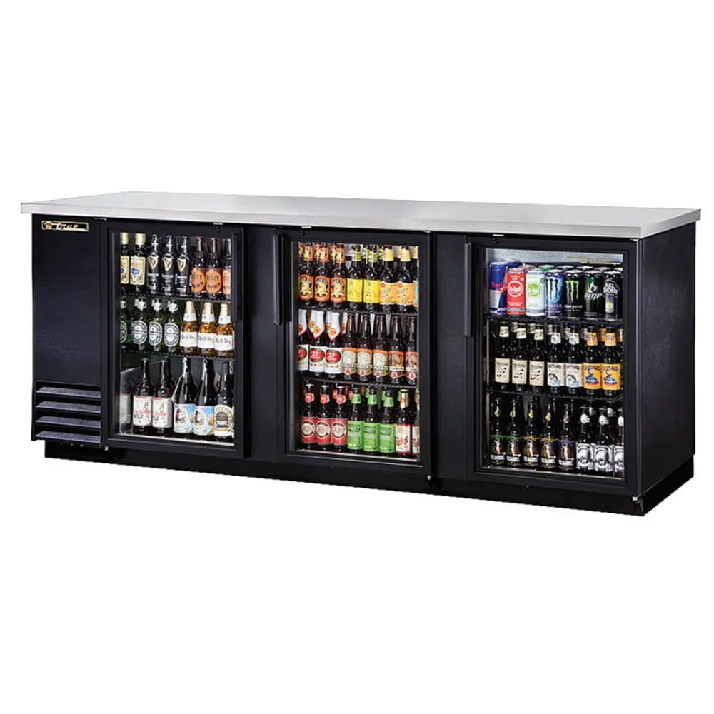 True TBB-4G-HC-LD 90 3/8 Bar Refrigerator - 3 Swinging Glass Doors. Black. 115v