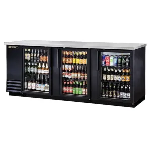True TBB-4G-HC-LD 90 3/8 Bar Refrigerator - 3 Swinging Glass Doors. Black. 115v