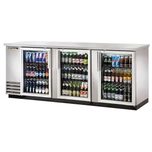 True TBB-4G-S-HC-LD 90 Bar Refrigerator - 3 Swinging Glass Doors. Stainless. 115v