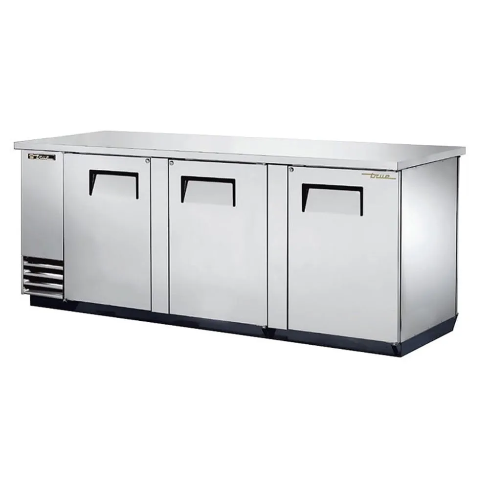 True TBB-4PT-S 90 3/8 Bar Refrigerator - 3 Swinging Solid Doors. Stainless. 115v