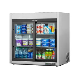 True TSD-09G-HC-LD. Commercial 36 Glass Door Countertop Refrigerator Stainless Steel