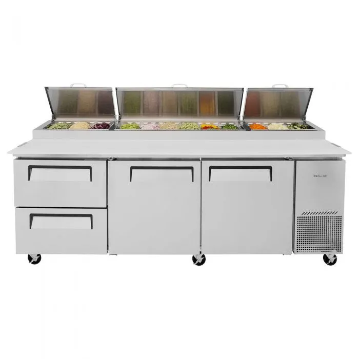 Turbo Air - TPR-93SD-D2-N. Commercial  Super Deluxe pizza prep table. Three-section