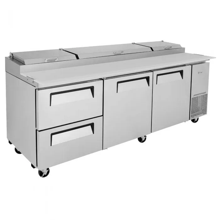 Turbo Air - TPR-93SD-D2-N. Commercial  Super Deluxe pizza prep table. Three-section