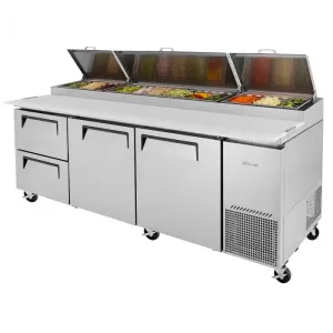 Turbo Air - TPR-93SD-D2-N. Commercial  Super Deluxe pizza prep table. Three-section