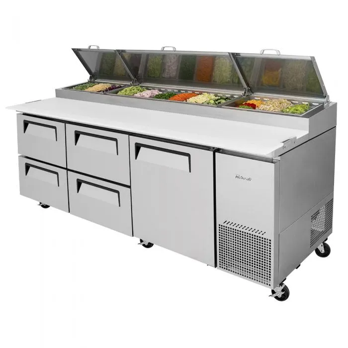 Turbo Air - TPR-93SD-D4-N. Commercial Super Deluxe pizza prep table. Three-section