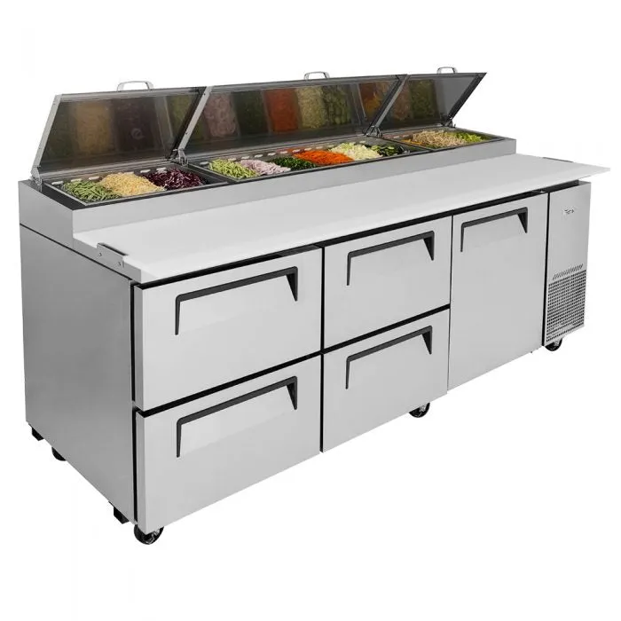 Turbo Air - TPR-93SD-D4-N. Commercial Super Deluxe pizza prep table. Three-section