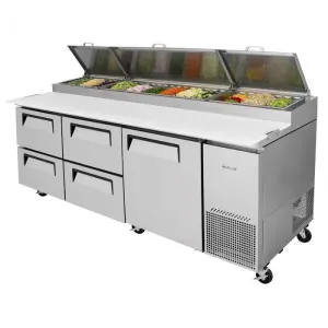 Turbo Air - TPR-93SD-D4-N. Commercial Super Deluxe pizza prep table. Three-section