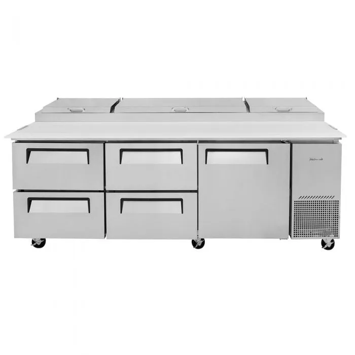 Turbo Air - TPR-93SD-D4-N. Commercial Super Deluxe pizza prep table. Three-section
