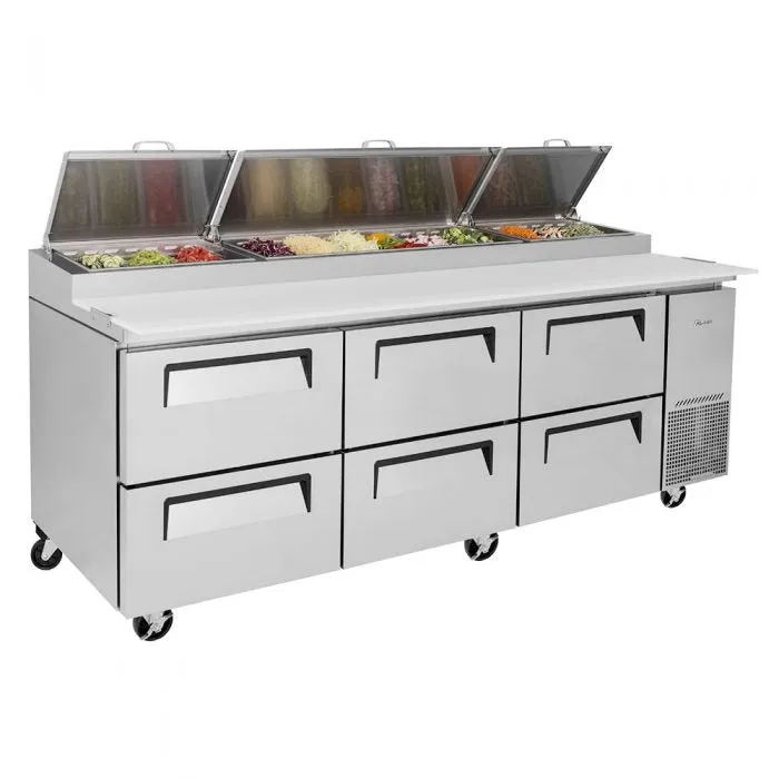 Turbo Air - TPR-93SD-D6-N. Commercial Super Deluxe pizza prep table. Three-section