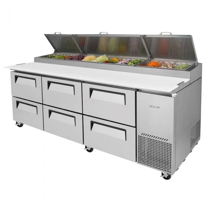 Turbo Air - TPR-93SD-D6-N. Commercial Super Deluxe pizza prep table. Three-section