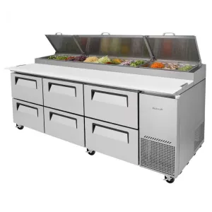 Turbo Air - TPR-93SD-D6-N. Commercial Super Deluxe pizza prep table. Three-section