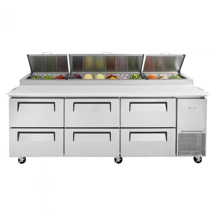 Turbo Air - TPR-93SD-D6-N. Commercial Super Deluxe pizza prep table. Three-section