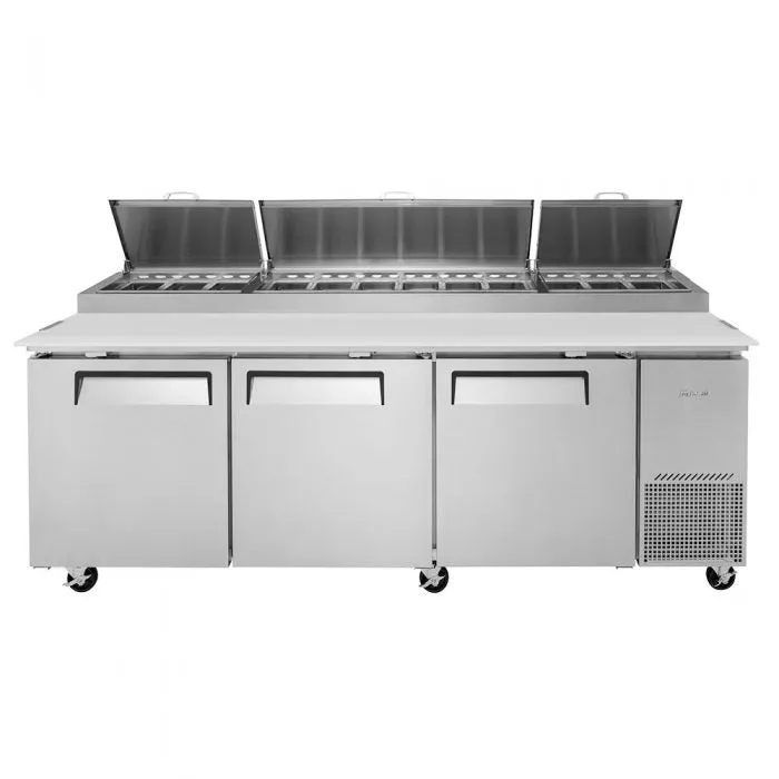 Turbo Air - TPR-93SD-N. Commercial Super Deluxe pizza prep table. Three-section