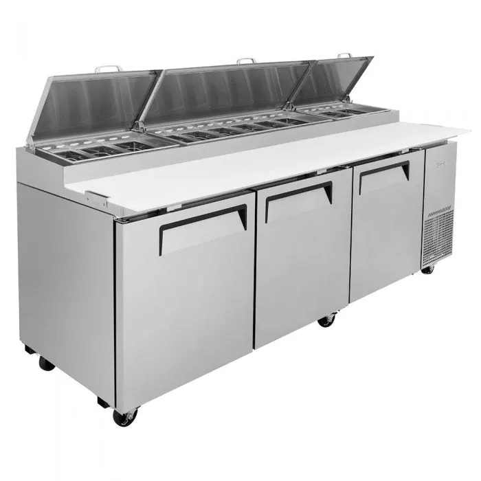 Turbo Air - TPR-93SD-N. Commercial Super Deluxe pizza prep table. Three-section