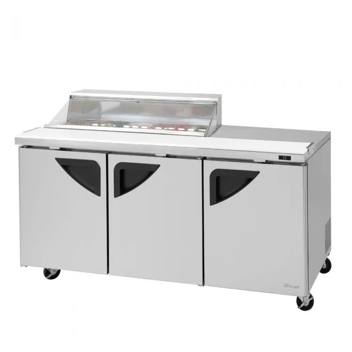 Turbo Air - TST-72SD-12S-N-CL. Commercial Super Deluxe Series. Sandwich/Salad Prep Table   Work Station  (1) Clear Lid. 73 length. (3) doors. (12) pans